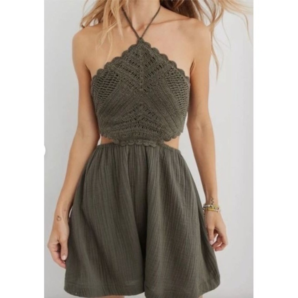 Aerie NEW Crochet Halter Top Gauze Olive Green LARGE Cottagecore Feminine Dress